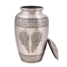 Cremation Urn for Human Ashes with Satin Bag, for Adults up to 200 lbs | Large Handcrafted Funeral Urns by Divit Shilp (Silver Angel Wings, Adult)