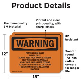 (2 Pack) Petting Farm Rules Safety First! Always OSHA Warning Sign 18 Inch X 12 Inch Vinyl Label Decal Sticker Weather Resistant, UV Protected for Workplace, Business, and Construction Site, Made in the USA