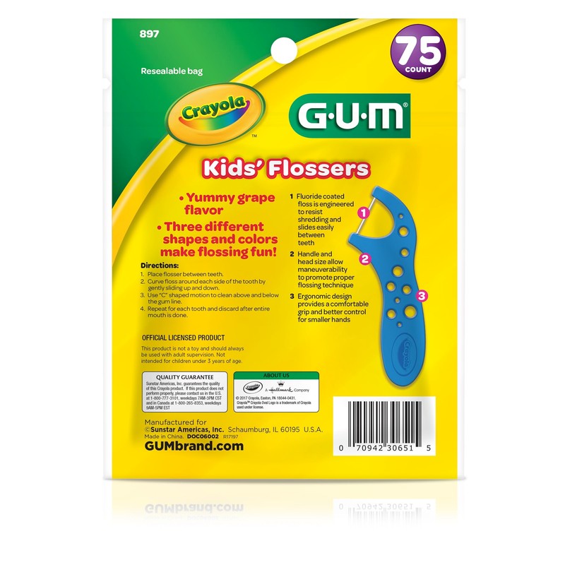 GUM Crayola Kids Flossers with Fluoride, Designed for Little Hands,