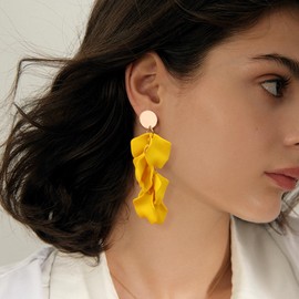 FIBO STEEL Rose Petal Dangle Clip on Earrings Acrylic Earrings Red Earrings for Women Flower White Black Hot Pink Orange Statement Earrings Boho Resin Floral (Yellow)