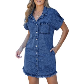 Luvamia Blue Denim Women's Casual Dress - Size Small - Spring/Summer 2024 - Button Down, High Waist, Short Sleeve, Midi Length, Three Pockets, Raw Hem, Western Style
