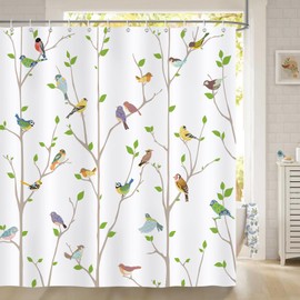 Bonhause Bird Shower Curtain, Spring Birds on Tree with Green Leaves Farmhouse Bathroom Decor 72 x 84 Inch Polyester Fabric Waterproof Bath Curtain with 12 Hooks