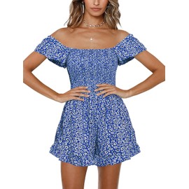 Jeanewpole1 Mono corto de pierna ancha floral para mujer con volantes, Azul / Patchwork, L