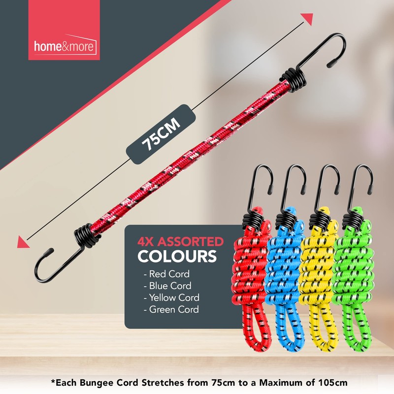 4pk 75cm Long Bungee Cords with Hooks | Strong Bungy