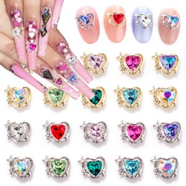 20Pcs 3D Heart Nail Art Charms for Nails Valentine's Day Nail Charms Shiny Gold Silver Nail Rhinestone Heart Shape Nail Gems Colorful Diamonds Design Acrylic Nail Jewelry for Women DIY Nail Decoration