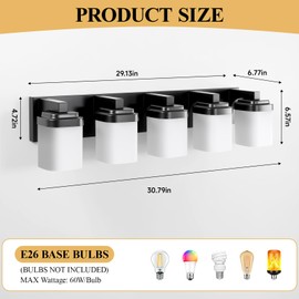 Guliaofo 5-Light Black Vanity Lights, 30.79 Inch Bathroom Light Fixtures with Milky White Square Glass Shade, Modern Vanity Light Over Mirror Wall Sconces - E26 Socket (Bulbs Not Included)