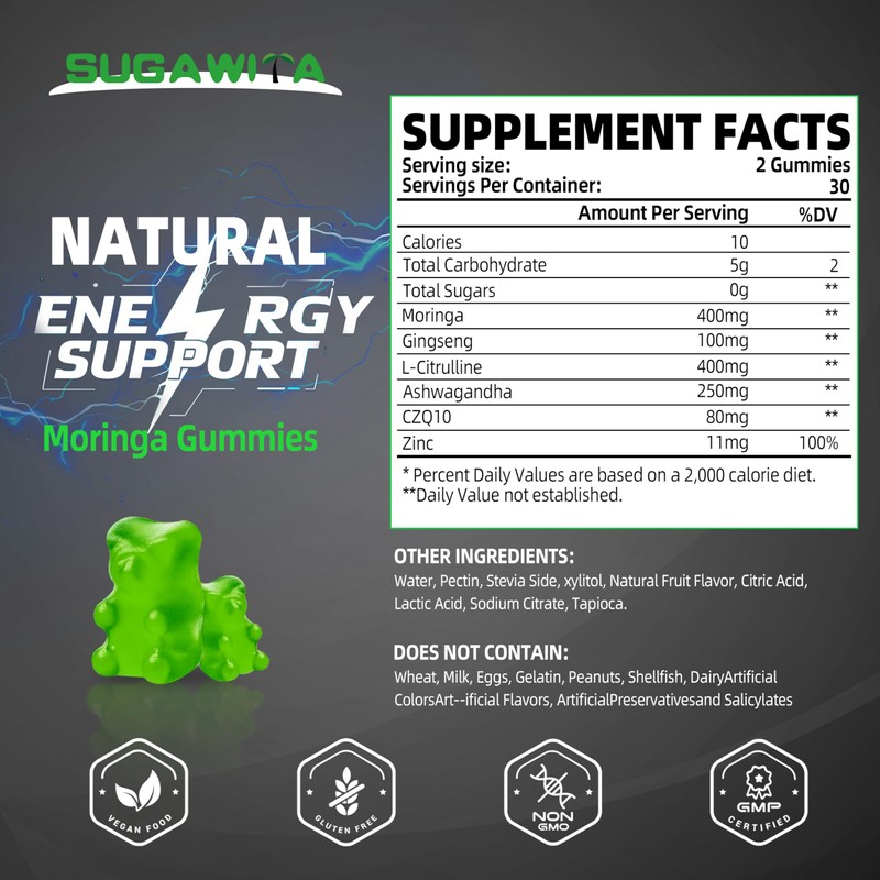 Moringa Gummies for Men with Gingseng L-Citrulline Ashwagandha CZQ10 Zinc