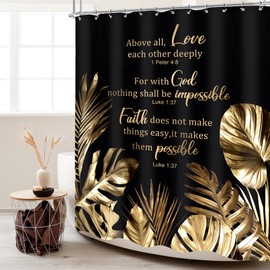 Cinbloo Black and Gold Shower Curtain 72Wx72H Modern Christian Bathroom Decor Tropical Bible Verse Monstera Quotes Palm Leaves Neutral Bath Curtain Fabric with 12 Hooks