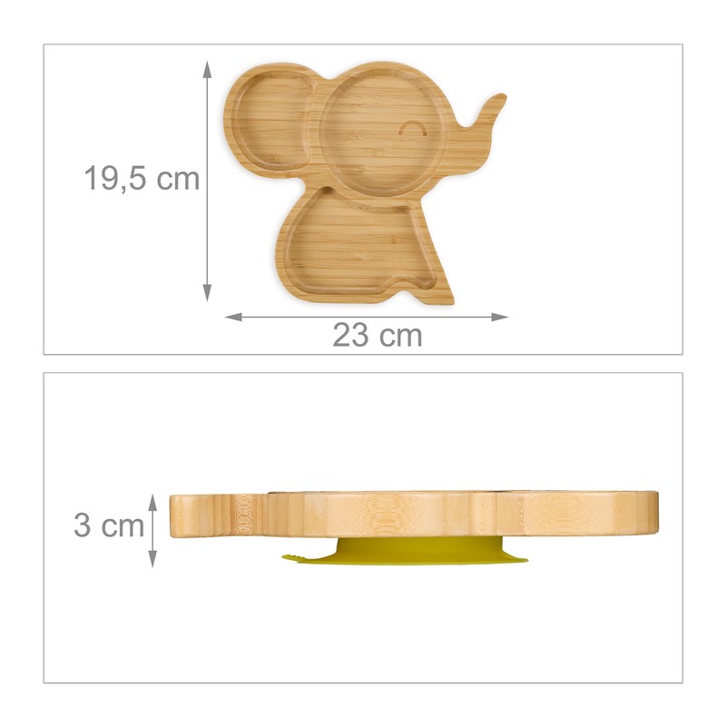 Relaxdays Baby Plate with Suction Cup, Bamboo, Elephant, Non-Slip, BPA-Free,