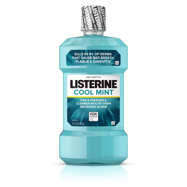 Listerine Cool Mint Antiseptic Mouthwash to Kill 99% of Germs that Cause Bad Breath, Plaque and Gingivitis, Cool Mint Flavor, 1.0L(1Qt 1.8 fl oz)