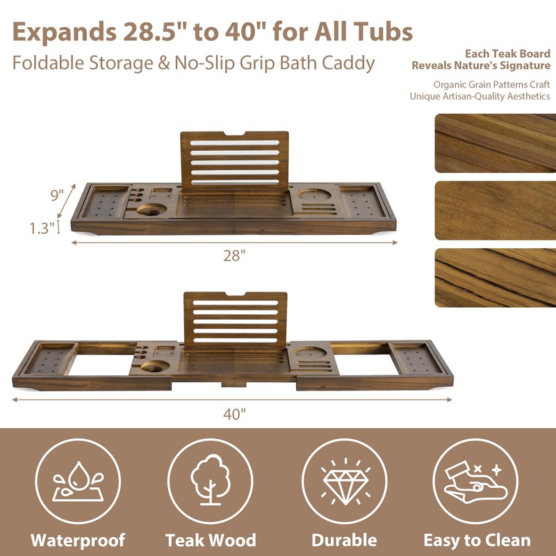 Realgulf Teak Bathtub Tray | Adjustable Width Tray with Wine