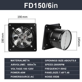 Qivine 6 Inch Exhaust Fan, Kitchen Exhaust Fans with Power Cord 40W 350CFM Wall Mounted Vent Fans Extractor Ventilation Fan for Shop Chicken Coop Basement Smoking Room Garage