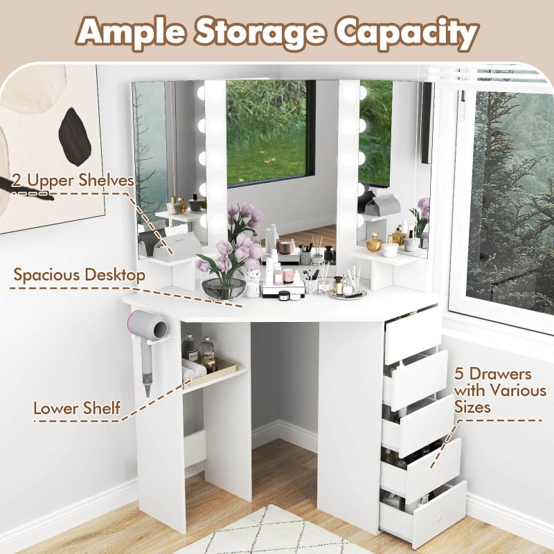 Costway Corner Vanity Desk Cosmetic Vanity Station w/ LED Mirror