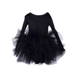 Tutu.kk Kids Girls Ballet Tutu Dress Gymnastics Long Sleeve 4-Layers Tulle Tutu Leotard Black 7-8 Years