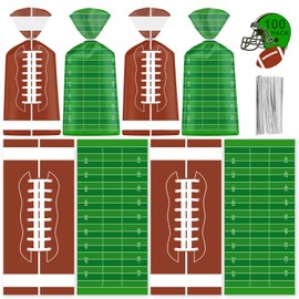 100 Pcs Football Goodie Bags - Brown Green Football Treat Bags, Plastic Rugby Sport Cellophane Snack Gift Candy Goody Bags with Silver Twist Ties for Sports Team Events Birthday Party Favors Supplies