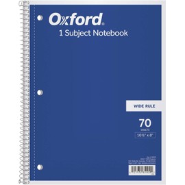 Oxford 1-Subject Spiral Notebook, Wide Rule, 8 x 10.5 Inch, Bright White Paper, 70 Sheets per Book, Cover Color May Vary, One Notebook (65000)