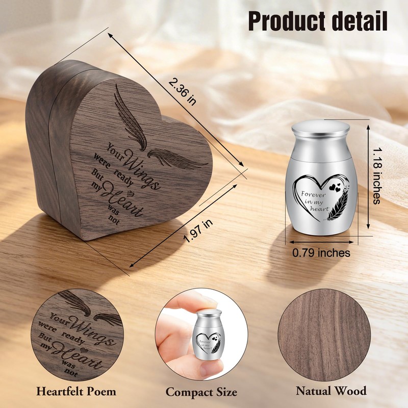 Kagrec Wood Small Urn for Human Ashes Keepsake Stainless Steel