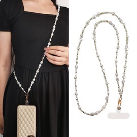Phone Chain Crossbody Pearl Strap,Pearl Beads Charms Chain with Phone Tether Patches Compatible with Most Phones (Gold and White2)
