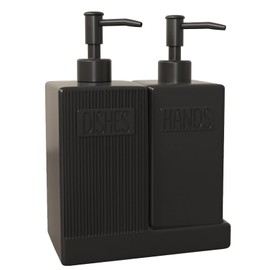 Karisky Soap Dispenser with Tray, 2 Pack Ceramic Dish and Hand Soap Dispenser Set with Funnel, Non-Slip Silicone Pads, Modern Refillable Liquid Bottles for Kitchen, Bathroom, Matte Black