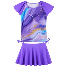 BAOHULU Girls Rash Guard 2 Pieces Bathing Suit UPF50+ Swimsuit with Swimming Skirt Swimwear S502_PurpleMarble_8A