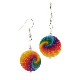 Tie Dye Wave Swirl Colorful Printed Shell Earrings with Silver Toned Ear Wires