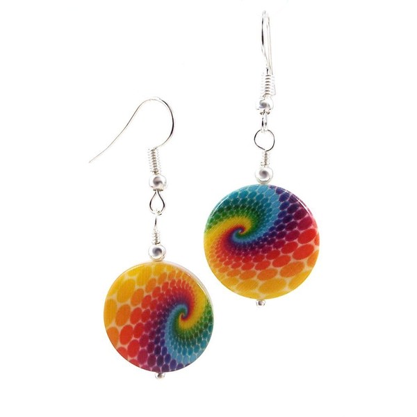 Tie Dye Wave Swirl Colorful Printed Shell Earrings with Silver