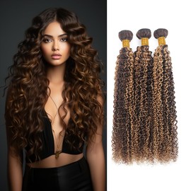 P4/30 Human Hair Highlight Brown Kinky Curly Bundles Double Weft Brazilian Remy Hair Soft And Silky Bundles Hair Extensions for Black Women (16 18 20 Inch) Ombre Brown Curly Hair Bundles