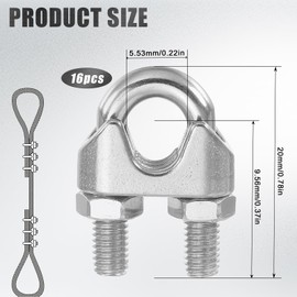 Pack of 16 M3 Rope Clamps, Stainless Steel Wire Rope Clamp, Rope Connector, Bow Rope Clamp, Suitable for Connecting or Clamping Wire Ropes, Cables and Ropes Indoor and Outdoor Use