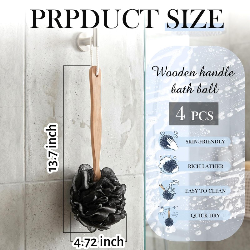 4 Pieces Loofah Back Scrubber Bath Sponge with Wooden Handle
