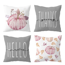 LB Fall Pink Pumpkin Pillow Covers 18x18 Inch Set of 4,Thanksgiving Orange Maple Leaf Pink Fall Throw Pillow Covers Decorative Pillow Cases for Couch Living Room Sofa Bed Cushion Cases