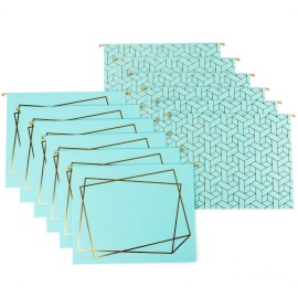 Blu Monaco Aqua Hanging File Folders Letter Size with Geometric Gold Foil Designs- 12 set