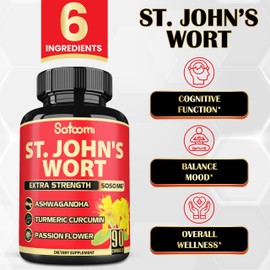 SATOOMI St. John's Wort Capsules Extract Supplement - *3 Month Supply* - 6 Herbs Equivalent 5050 mg - Emotional Balance, Joyful Mood & Stress Response Support - 1 Pack 90 Veggie Capsule