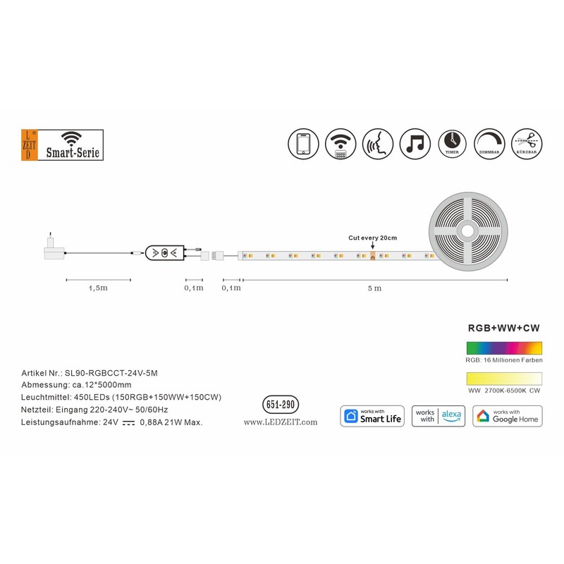 LEDZEIT -Smart Series 5 m LED Strip, 24 V RGBCCT