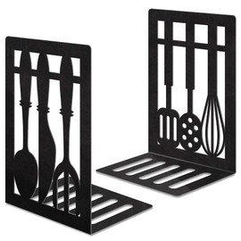 Book Ends,Metal Bookend,Bookend Decorative Heavy Book Ends for Shelves, Home Decorative Bookends for Heavy Books,Non-Skid Black Book Holder for Kitchen Housewarming Cooking Lover Gifts