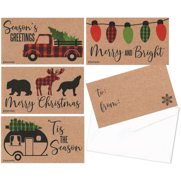 24 Wallet-Sized Kraft Buffalo Plaid Retro Red Christmas Pickup Truck, RV Camper & Woodland Animal Gift Tags for the Holidays by Nerdy Words