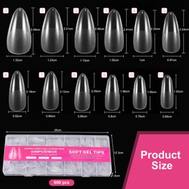 Coptiner 600 Pcs Nail Tips Kit with Storage Box 12 Sizes Half Full Cover False Nails Extensions Soft Gel Clear Almond Shaped Nail Tips for Diy Practice Art Design Salon Gift