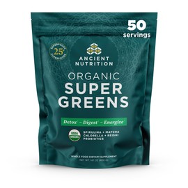 Ancient Nutrition Super Greens Powder, Organic Superfood Powder with Probiotics Made with Spirulina, Chlorella, Matcha, and Digestive Enzymes, 50 Servings, 14.1 oz