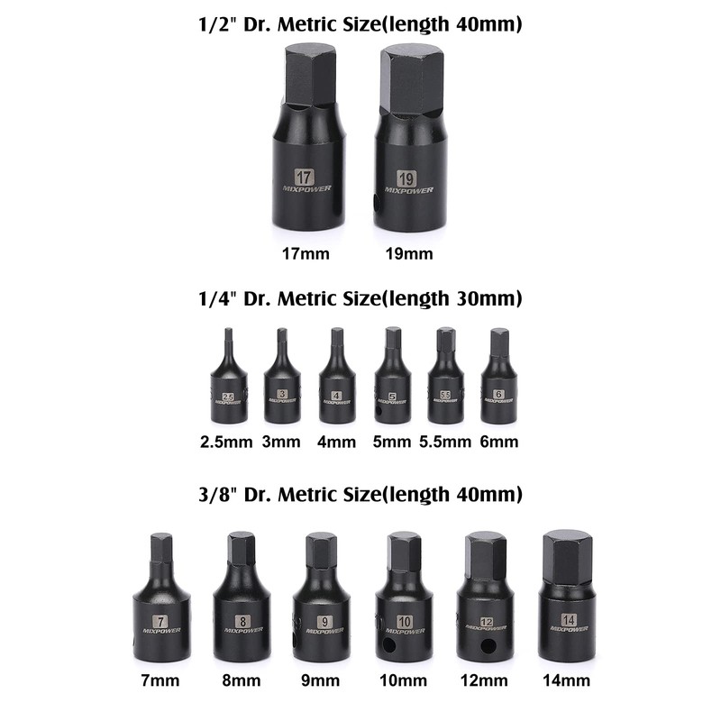MIXPOWER 14-Piece Dr. Bit Socket Set, 2.5mm to 19mm, 1/4",