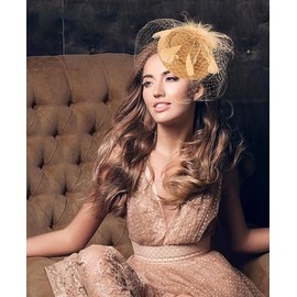 Women's 20s 50s Mesh Veil Feather Pillbox Fascinator Hat for Wedding Tea Party Kentucky Durby Funeral Fascinators with Headband and Clip Gold