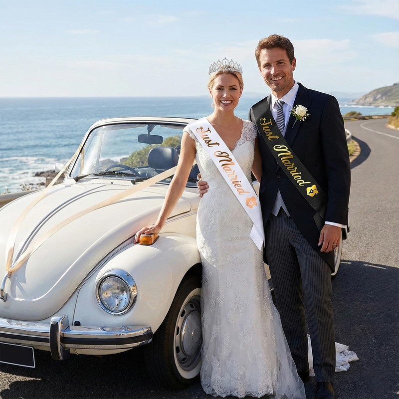 3Pcs Bride and Groom Sash Set, Just Married Decorations, Just
