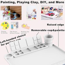 Svartur Silicone Painting Mat with Cup and Palette Removable, 17"X13" Thick Silicone Art Mat for Craft with Raised Edge for Resin DIY Making, White