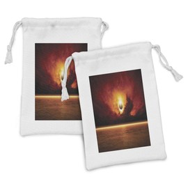 Lunarable Mystic Fabric Pouch Set of 2, Dramatic Apocalyptic Sun Eclipse View Dark Red Skyline Sea Horizon View Image, Small Drawstring Bag for Toiletries Masks and Favors, 9" x 6", Orange Yellow