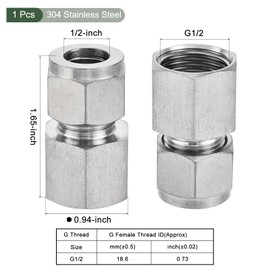 YOKIVE Compression Tubes Fitting, Straight Coupling Adapter 304 Stainless Steel Great for Pipes (Silver Tone, G1/2 Female Thread x 1/2-Inch Tubes OD)