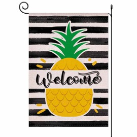 Welcome Summer Pineapple Stripes Garden Flag,Hello Summer Cute Double Sided Seasonal Burlap Flag for Yard Lawn Outdoor Decor 12.5x18 inch