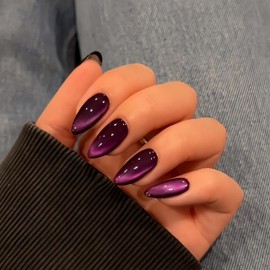 KQueenest Purple Cat Eye Press on Nails Almond Shape, 30 Pcs Black Glitter Fake Nails Medium, Thick Dark Sparkly Nails Press on, Shiny Acrylic Nails, Cute Bling Stick on Nails for Women Fall Winter