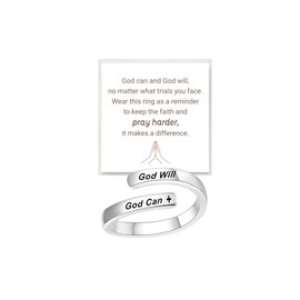 DivaGlamz God Can And God Will Spiral Wrap Cross Ring for Women, Stainless Steel Adjustable Religious Faith Thumb Rings Inspirational Gift jewelry (God Can-Silver)