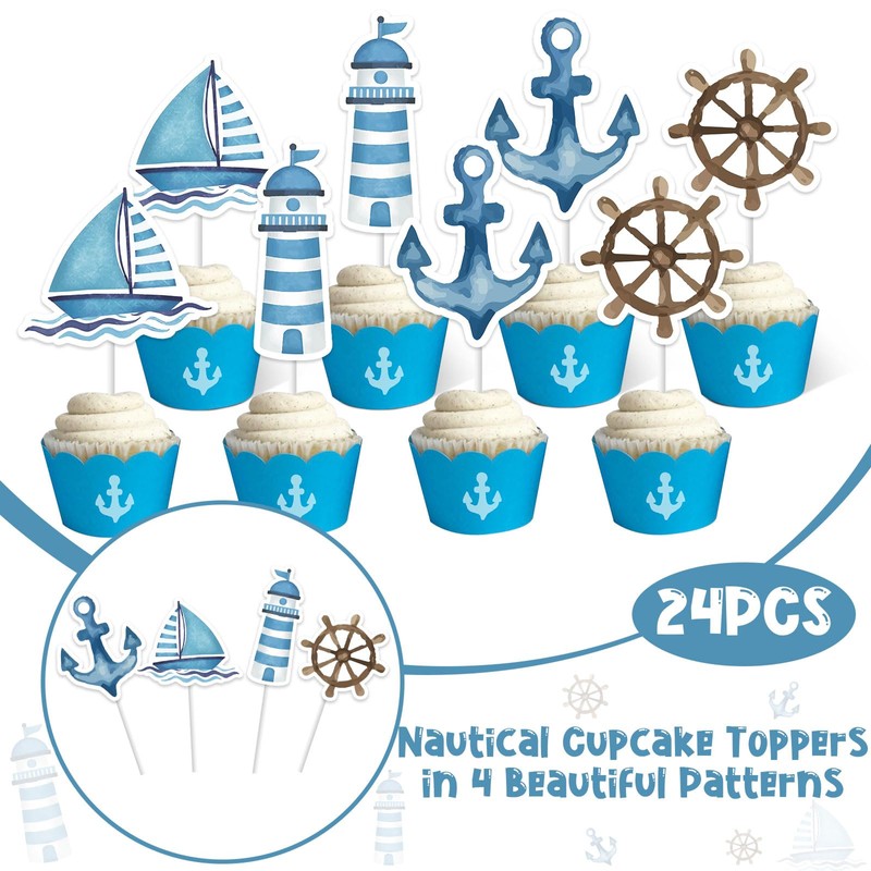 Kreatwow Nautical Cupcake Toppers - 24 Pieces in 4 Different