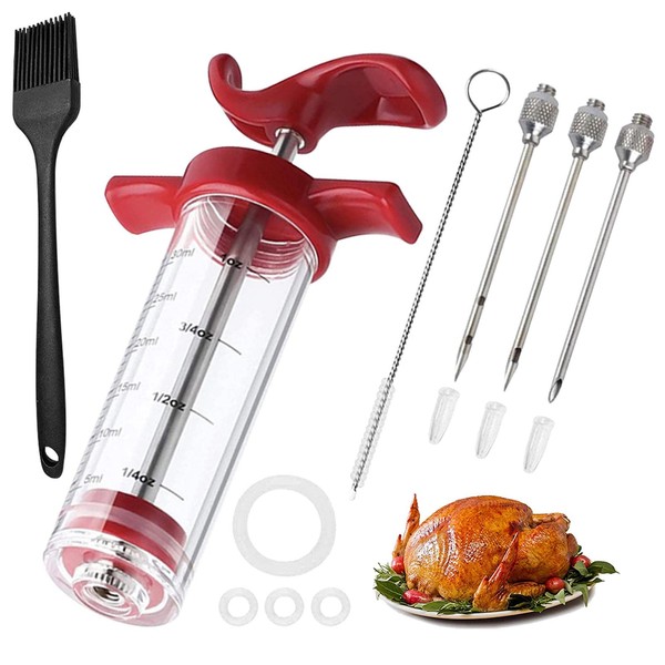 Meat Injector Syring-e Kit,3 Needles Porous Turkey Injector for Meats with Cleaning Brush,Marinade Injector Syring-e for BBQ Grill with Black Oil Brush Easy to Use and Clean