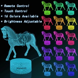 DREAMOON Horse Girl Gift, 3D Night Light for Children, Illusion Lamp 16 Colours with Remote Control, Toy for Girls 10, 9, 8, 7, 6 Years (02)