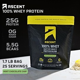 Ascent 100% Whey Protein Powder - Post Workout Whey Protein Isolate, Zero Artificial Flavors & Sweeteners, Gluten Free, 5.5g BCAA, 2.6g Leucine, Military Exclusive, Mint Chocolate Chip 1.7 lb